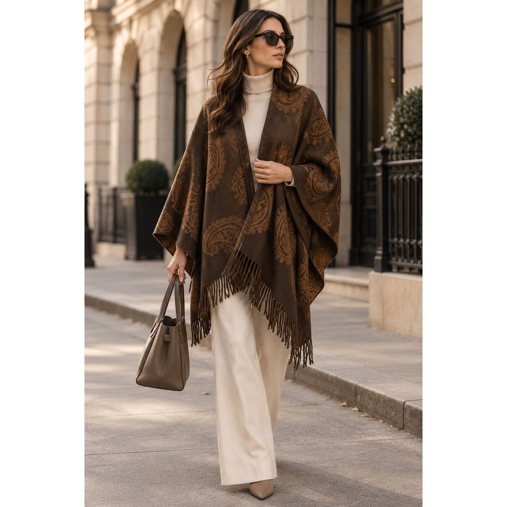 Brown Paisley Ruana Wrap Cape Poncho Fringe Shawl Boho Oversized One Size